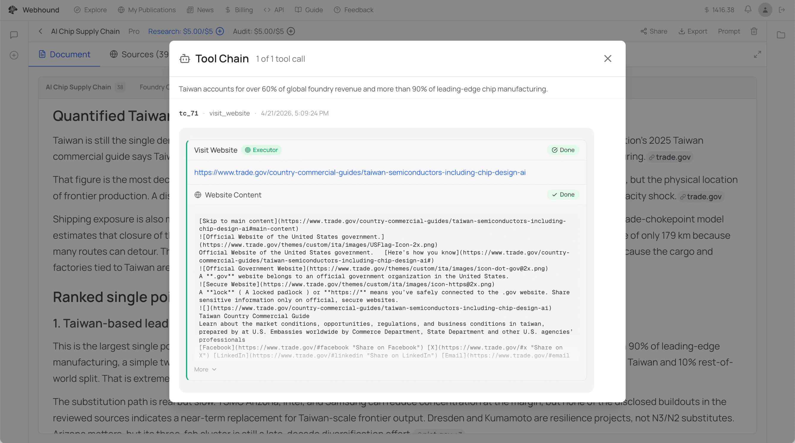The Tool Chain modal showing the exact visit_website call behind a claim, with the full URL, page content, and timestamp